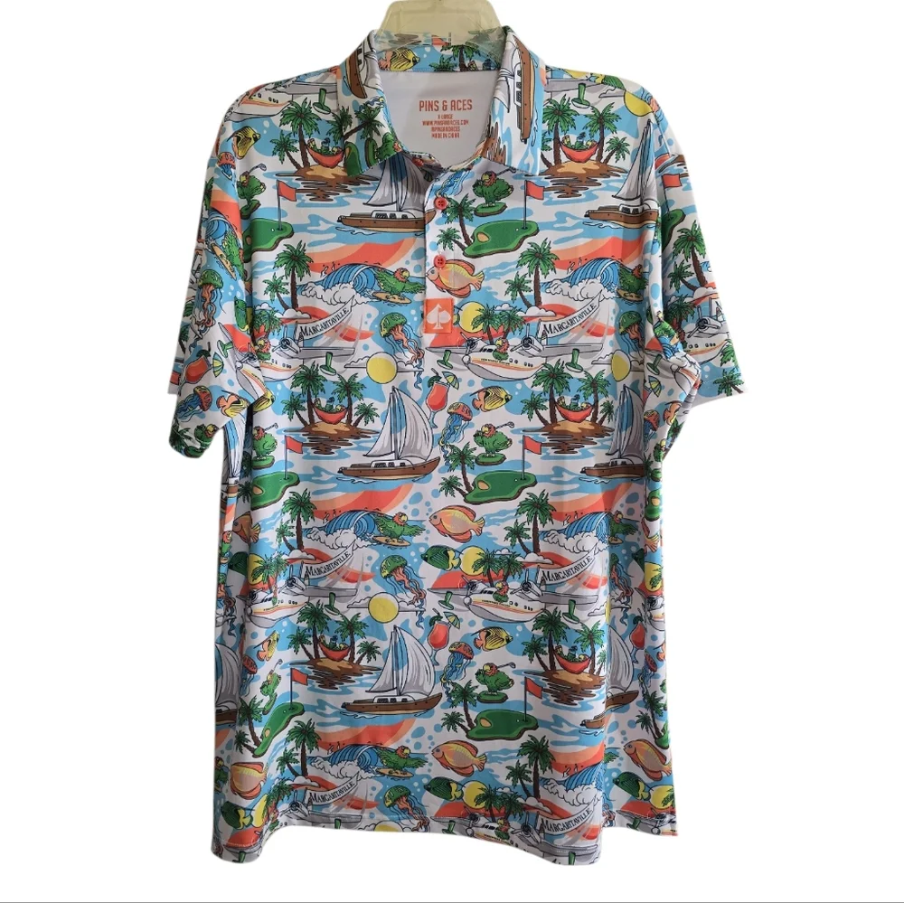 Pins & Aces Margaritaville Pins In Paradise Golf Polo XL Hawaiian Athletic Fit - Picture 3 of 7